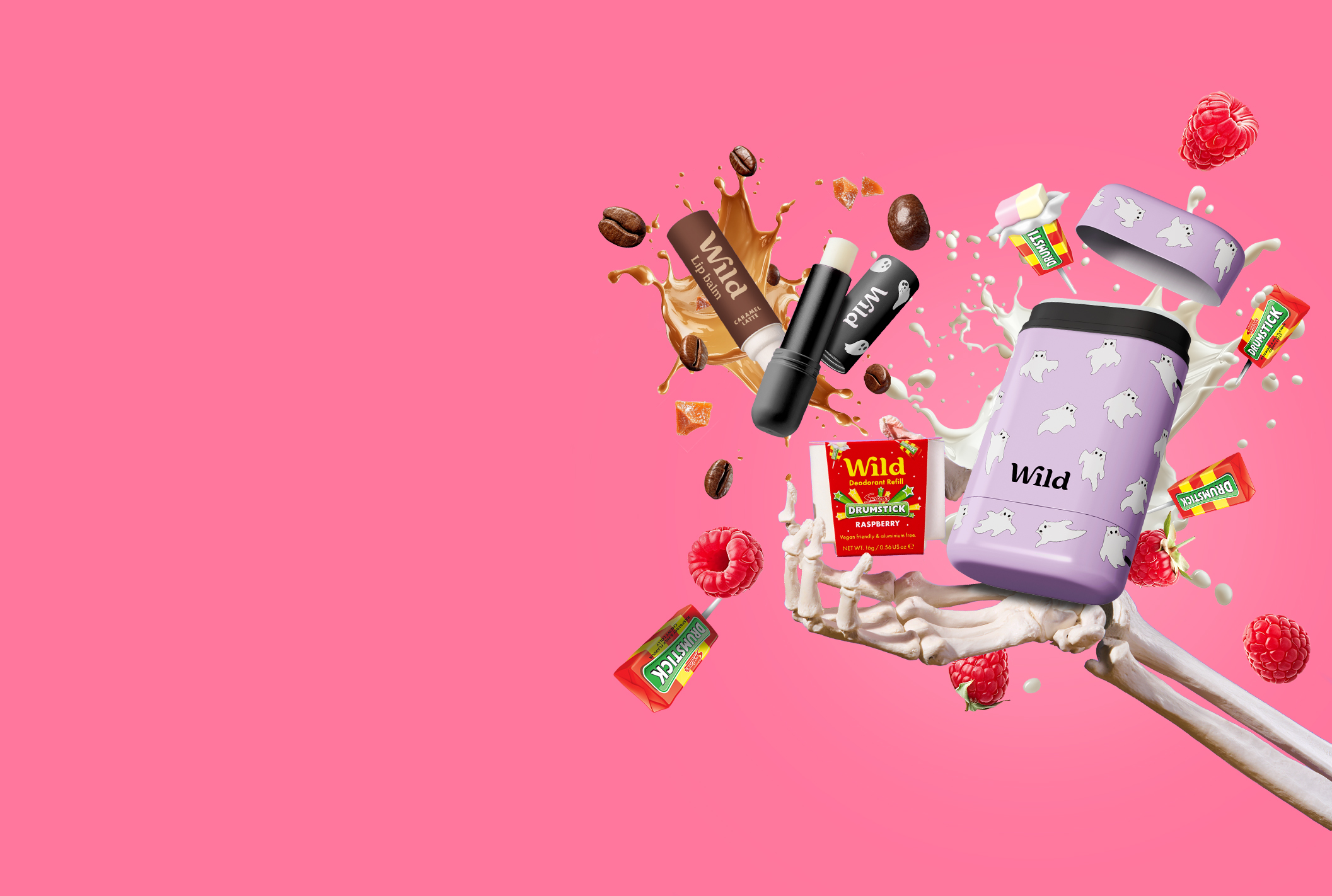 Caption: a pink background with various items coming out of it