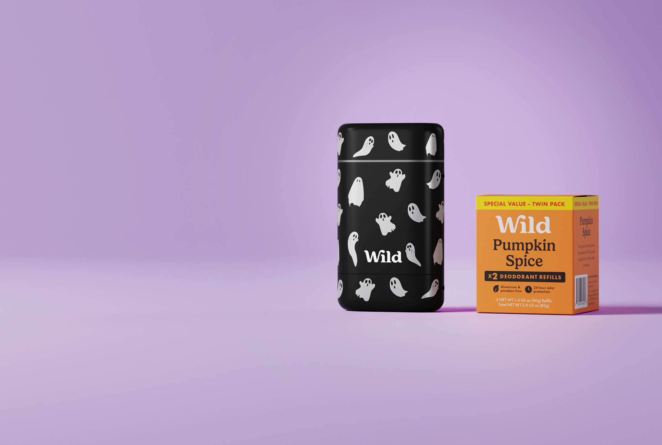Caption: a black and white picture of a box of wild pumpkin spice next to a purple