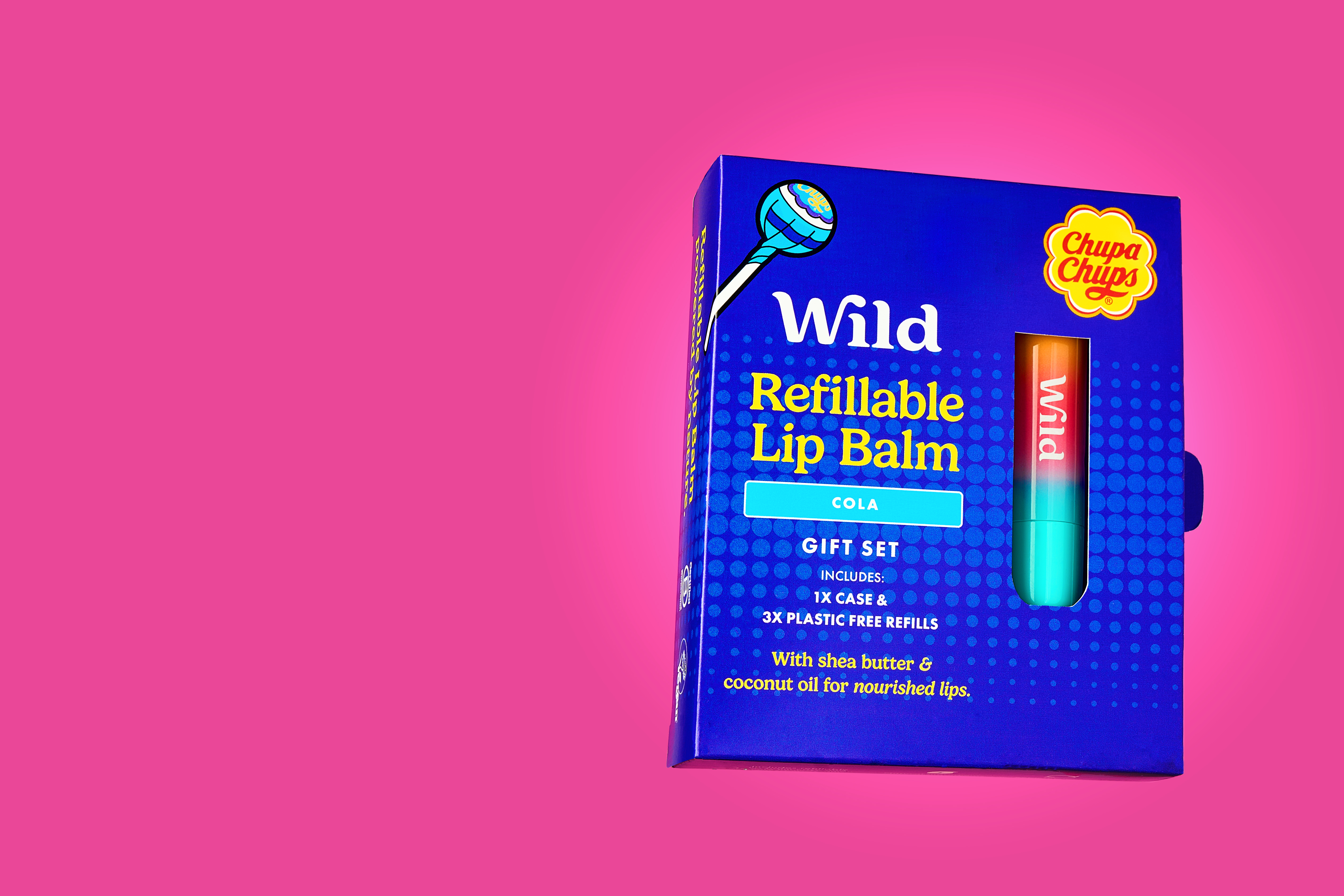 Caption: a box of lip balm on a pink background