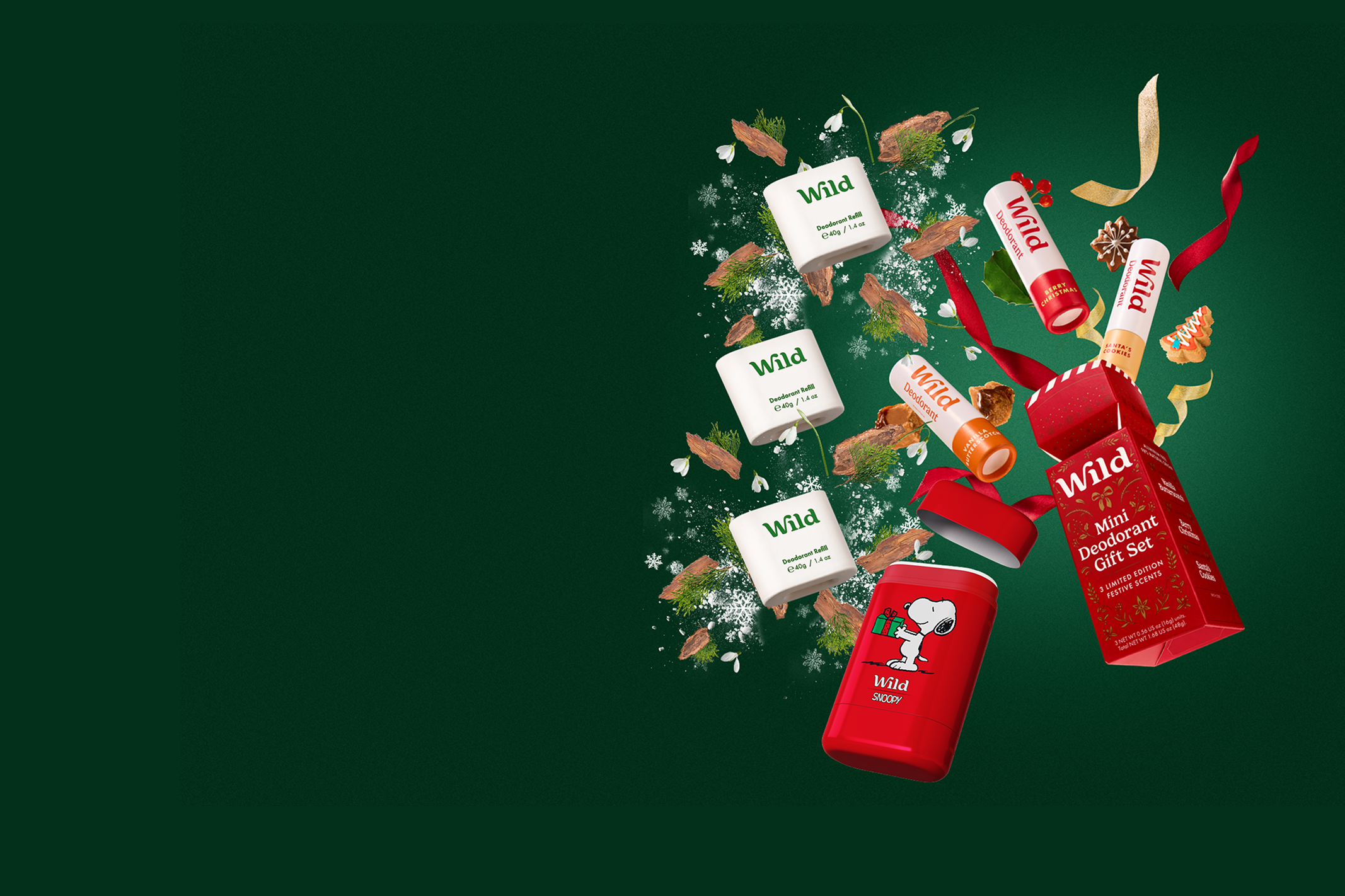 Caption: a green background with a bunch of red and white items