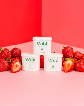 Caption: a group of four tubs of wild yogurt sitting on a pink surface
