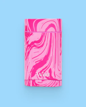Caption: a pink and white tube on a blue background