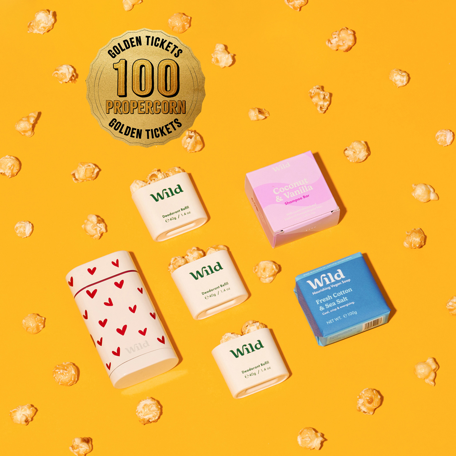 Caption: a yellow background with several different types of soaps