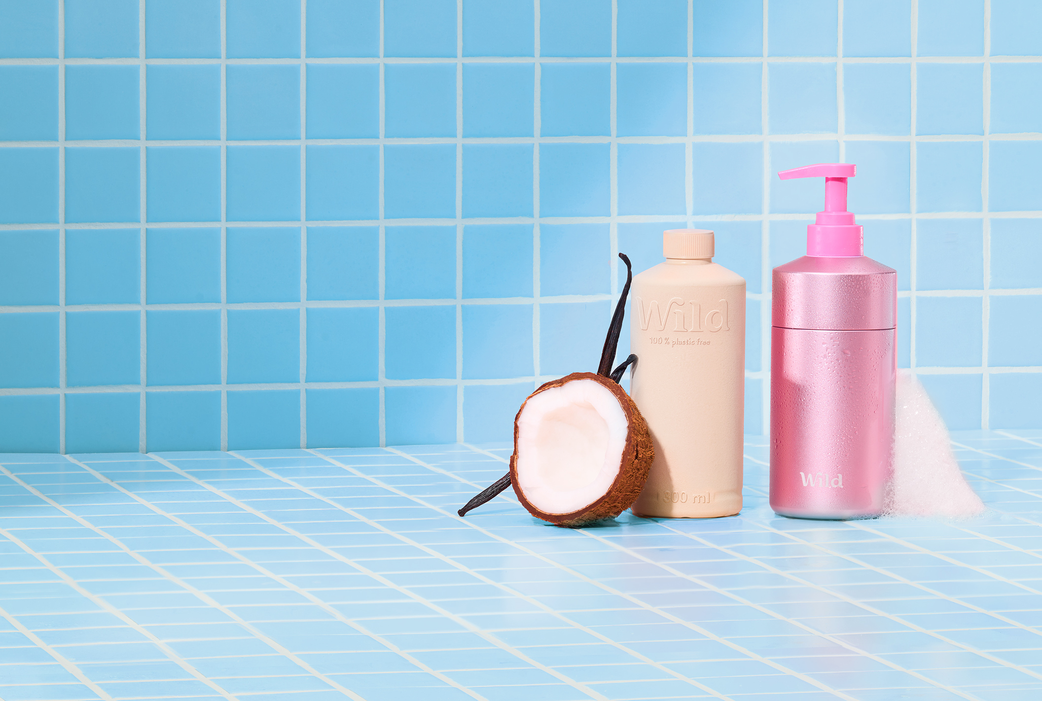 Caption: a bottle of lotion, a bottle of soap, and a coconut on a