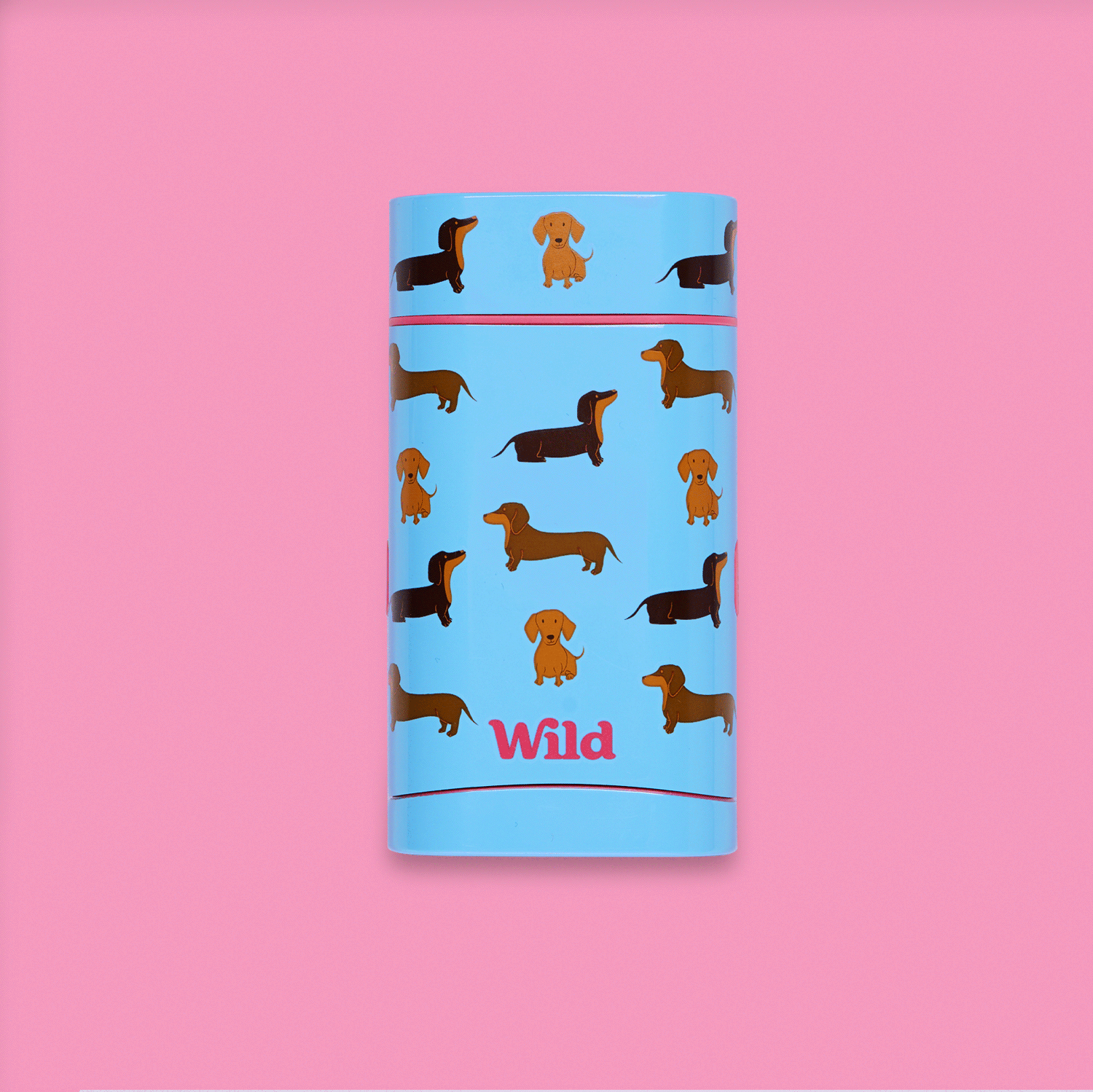 Caption: a blue canister with dogs on it on a pink background