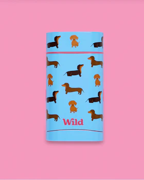 Caption: a blue canister with dogs on it on a pink background