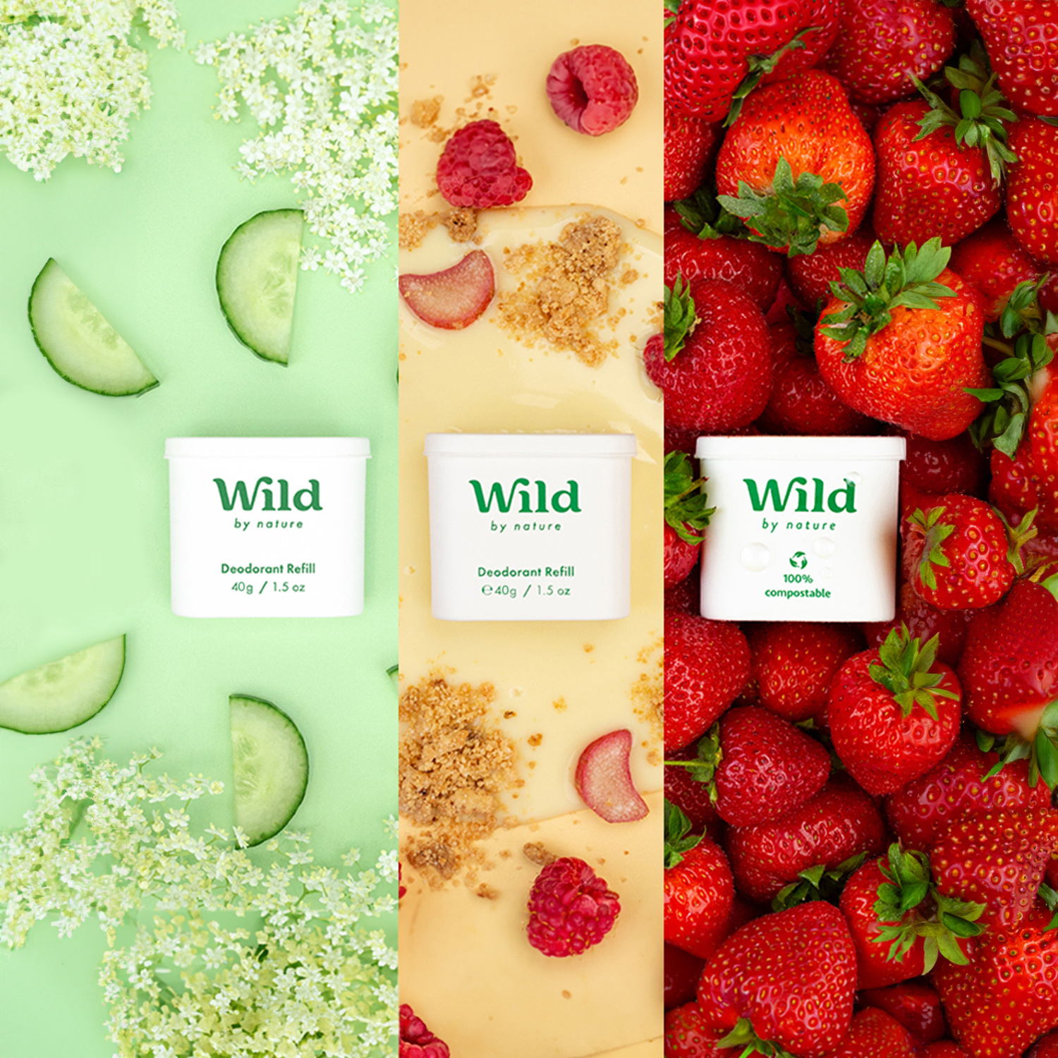 Bijschrift: een collage van drie verschillende afbeeldingen met aardbeien, komkommer en