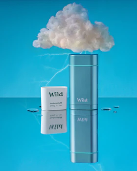 Caption: a blue tube with a white cloud on top of it