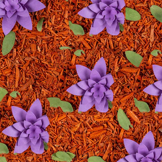 Légende : un groupe de fleurs violettes sur un paillis rouge