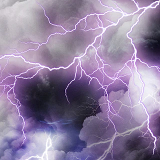 Caption: a purple and black photo of a lightning storm