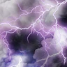 Caption: a purple and black photo of a lightning storm