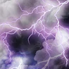 Caption: a purple and black photo of a lightning storm