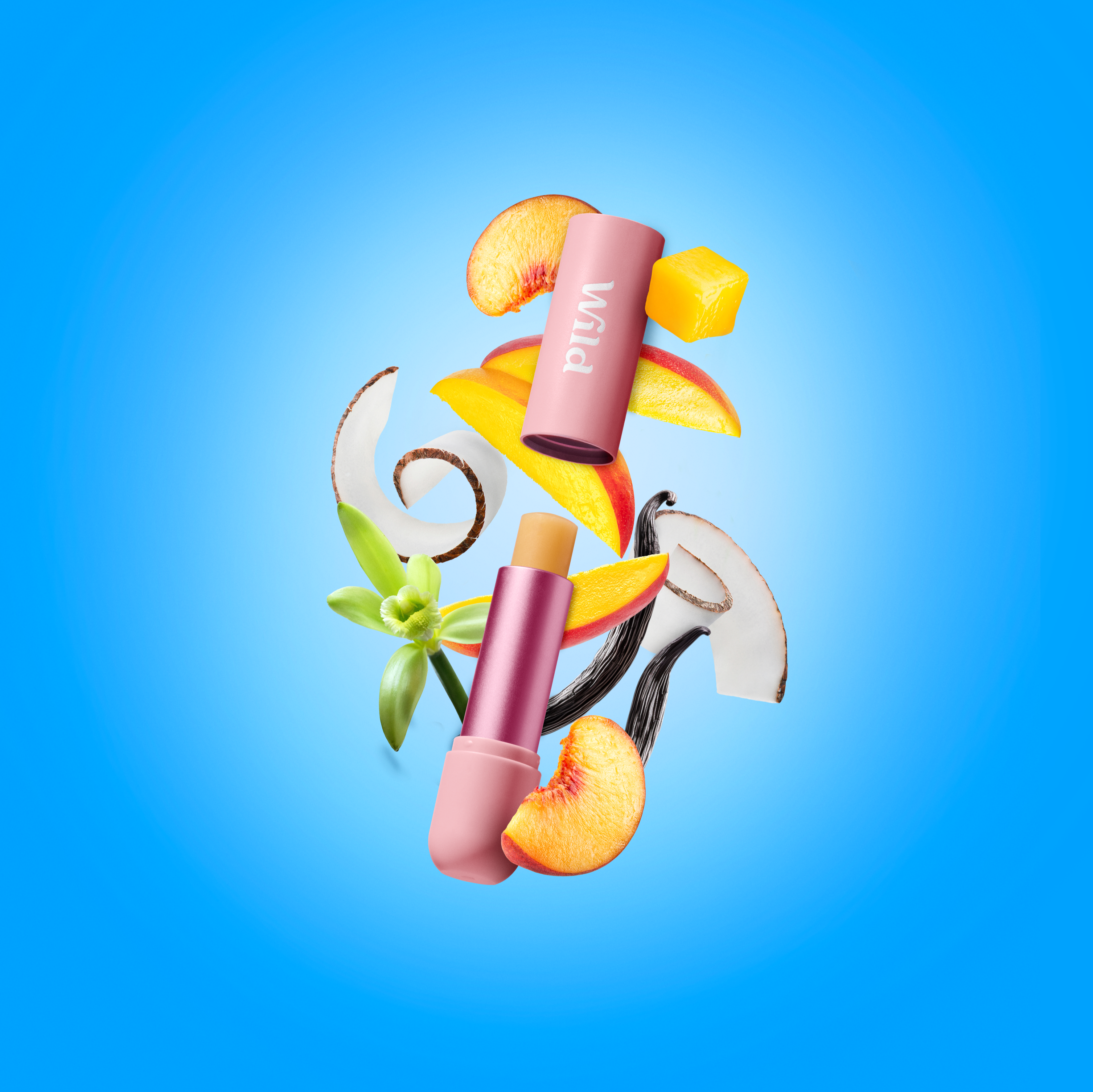 Caption: a blue background with a lipstick, scissors, and fruit