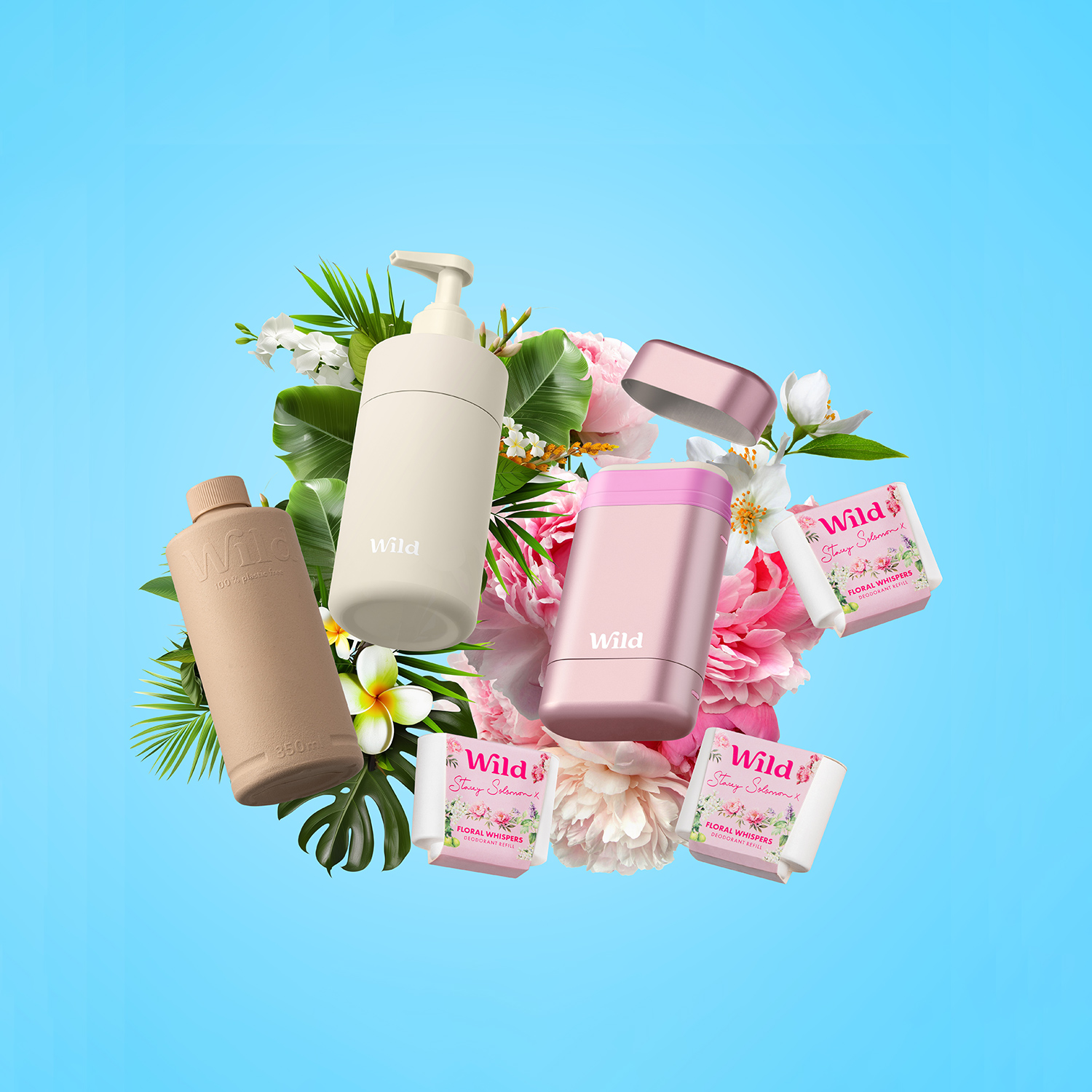 Caption: a bunch of different types of cosmetics on a blue background