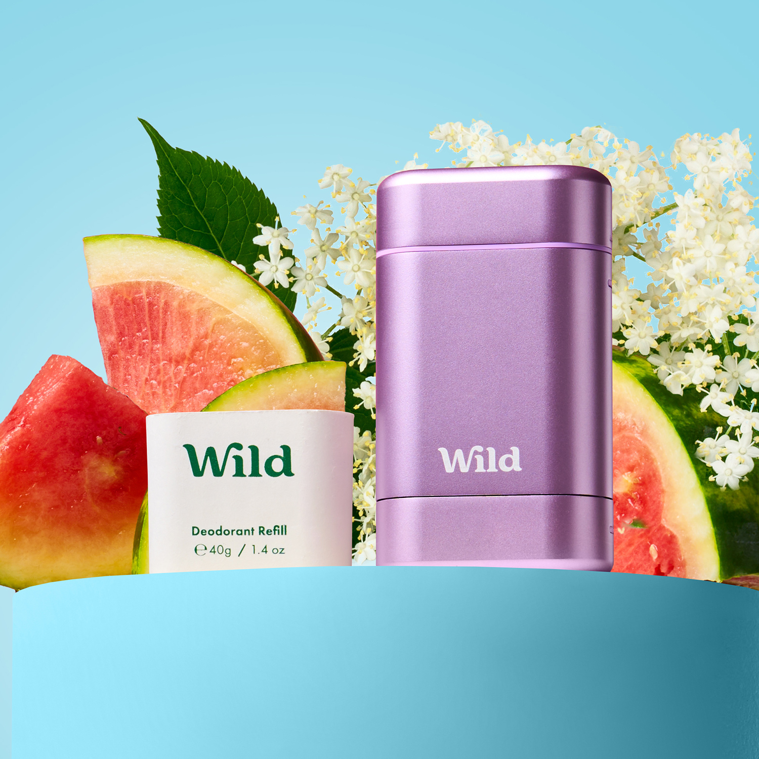 Légende : une pastèque et un pamplemousse devant un récipient rose et bleu