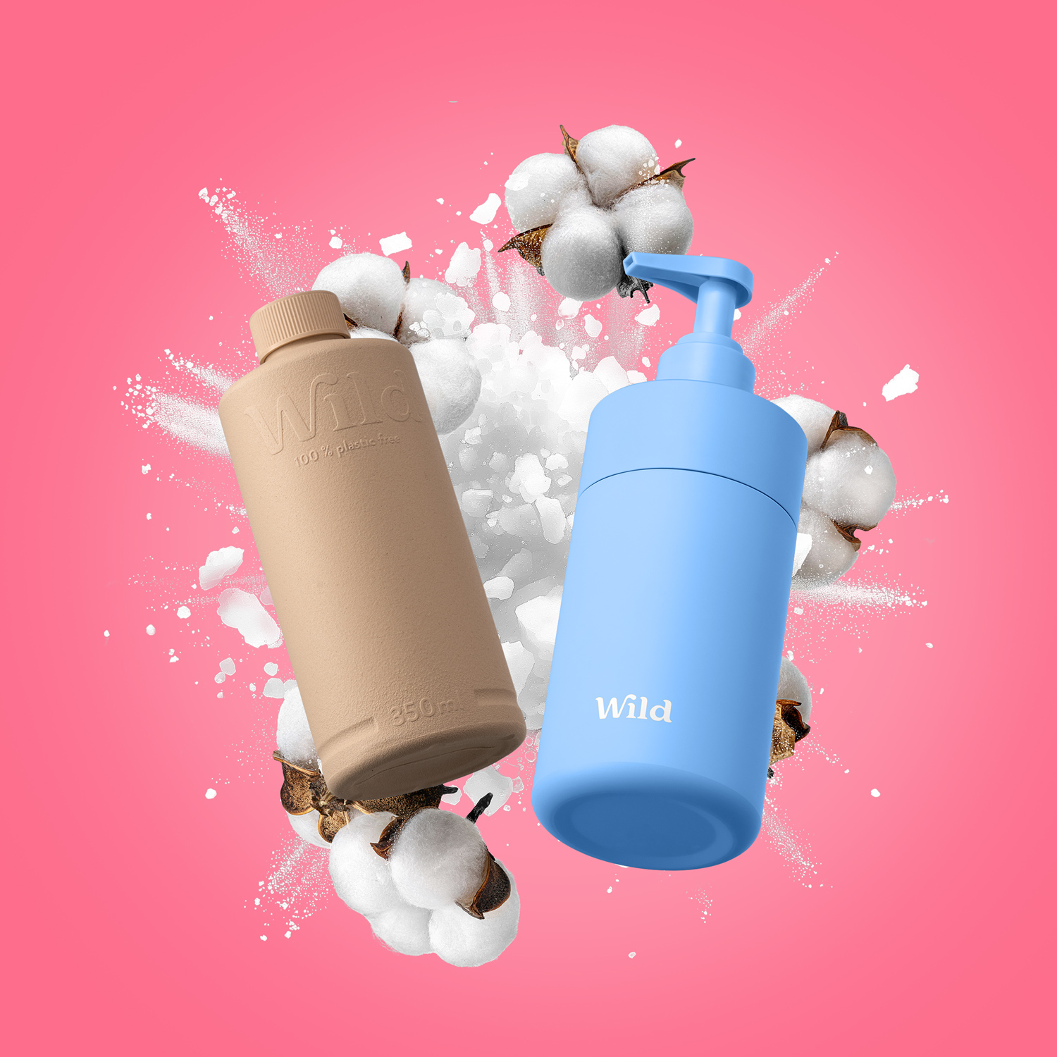 Caption: a bottle of milk and a bottle of cotton on a pink background