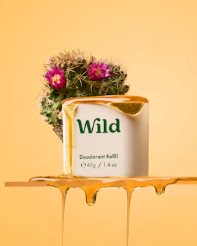 Caption: a can of wild deodorant next to a potted plant
