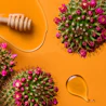 Caption: a bunch of flowers and a honey comb on a table