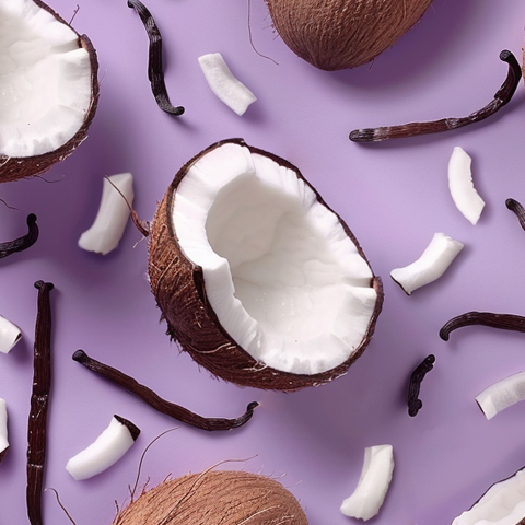 Légende : un fond violet avec des noix de coco coupées en deux