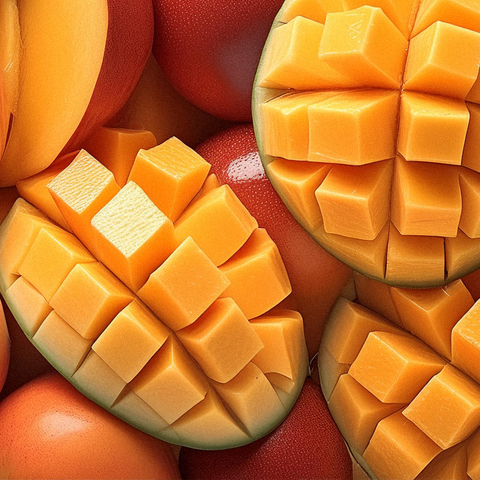 Légende : une pile de mangues, d'oranges et de pommes