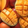 Caption: a pile of mangoes, oranges, and apples
