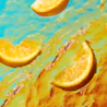 Caption: a group of oranges floating on top of a body of water