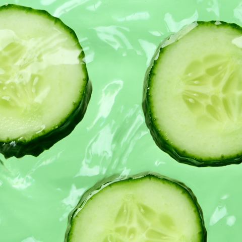 Bildunterschrift: drei Gurkenscheiben, die auf einer grünen Fläche liegen
