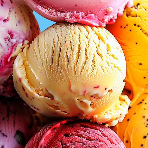 Caption: a pile of different colored ice creams sitting on top of each other