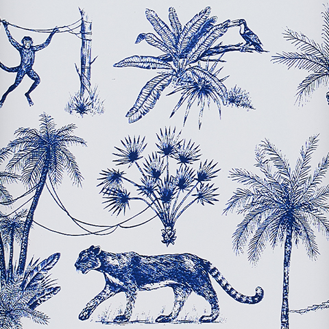 Bildunterschrift: eine blau-weiße Tapete mit einem Tiger und Palmen