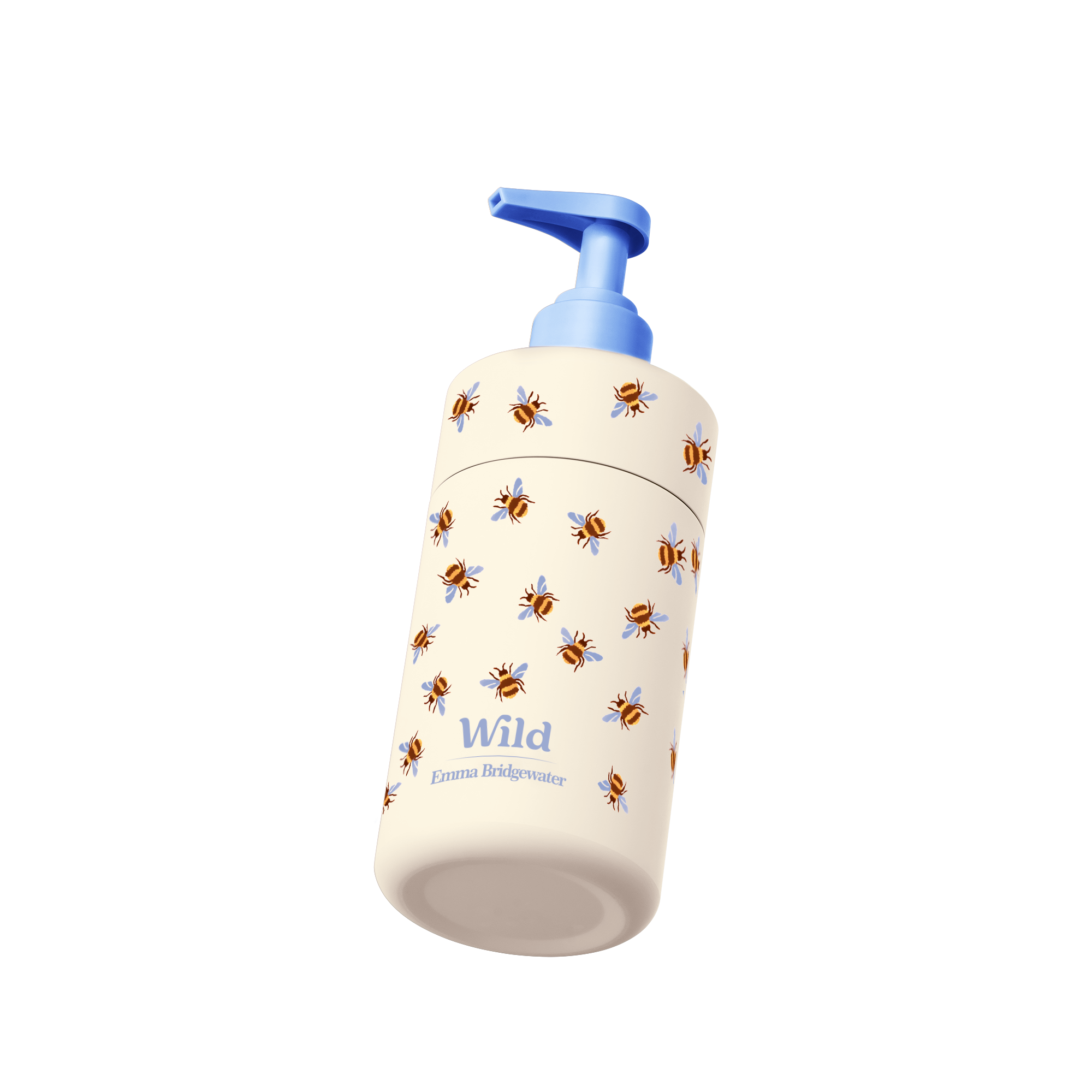 Bildunterschrift: eine Flasche Seife mit blauem Deckel und Bienen darauf