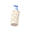 Caption: a bottle of soap with a blue top and bees on it