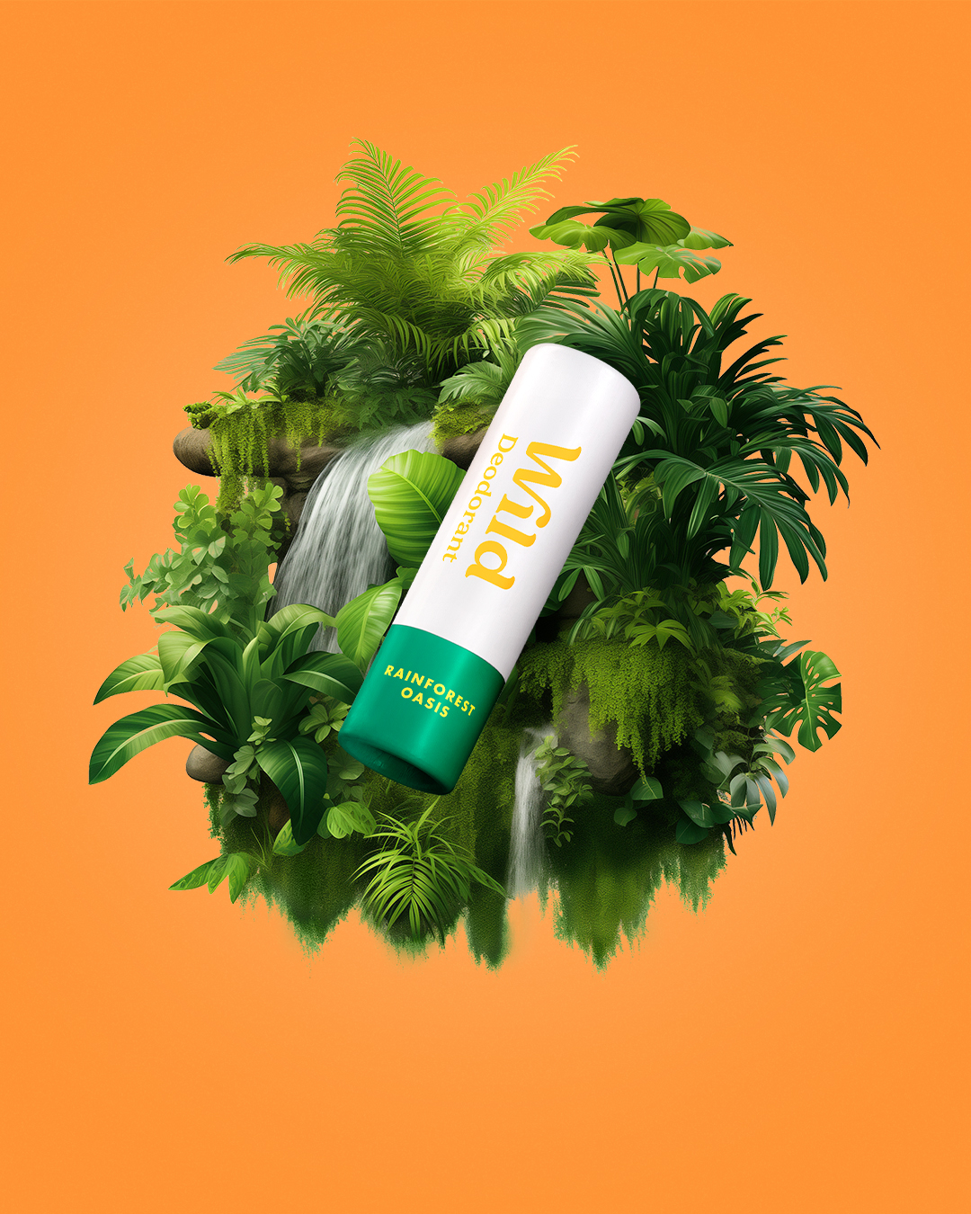 Légende : un tube de crème solaire posé sur une plante verte luxuriante