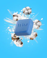 Caption: a blue square with the word wild on it surrounded by cotton