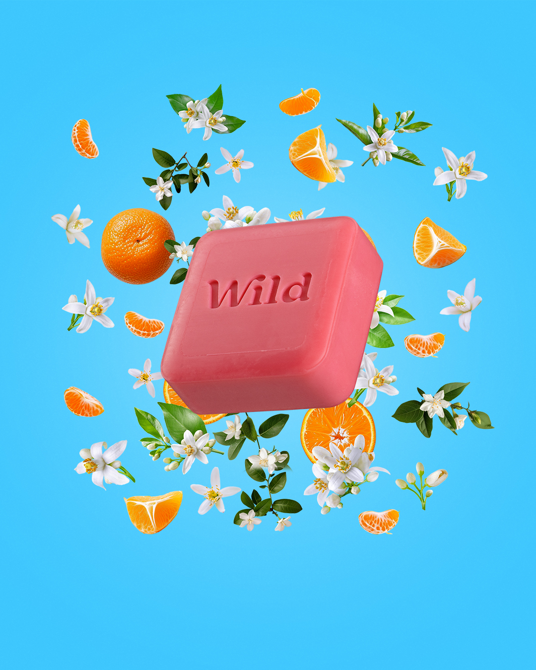 Légende : une barre de savon avec le mot sauvage entouré d'oranges et de fleurs