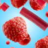 Caption: a bunch of raspberries flying through the air