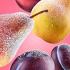 Caption: a close up of plums and an apple on a pink background