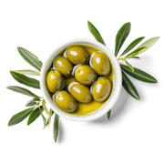Caption: a white bowl filled with olives and green leaves
