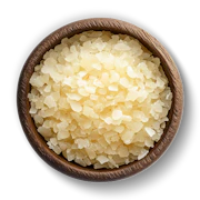 Caption: a wooden bowl filled with rice on top of a black background