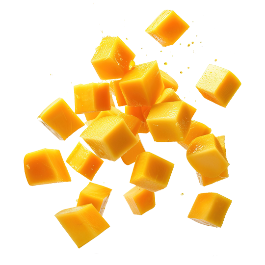 Caption: a bunch of cubes of cheese on a white background