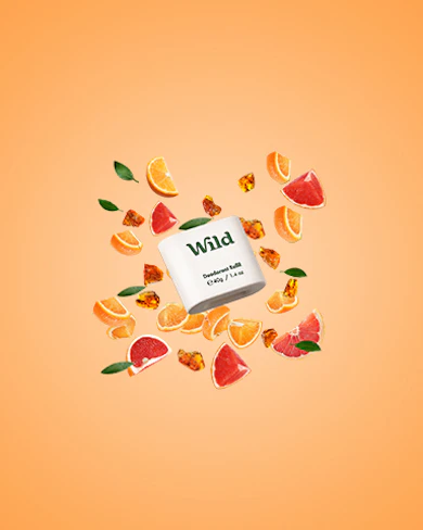Légende : un fond orange entouré d'une grappe de fruits