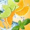Caption: a bunch of oranges and limes with water splashing around them