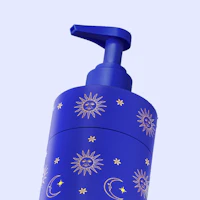 Caption: a blue soap dispenser with sun and moon designs