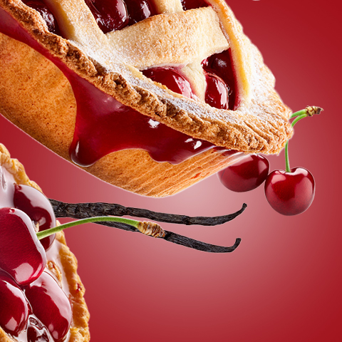 Légende : un morceau de tarte avec des cerises sur le dessus