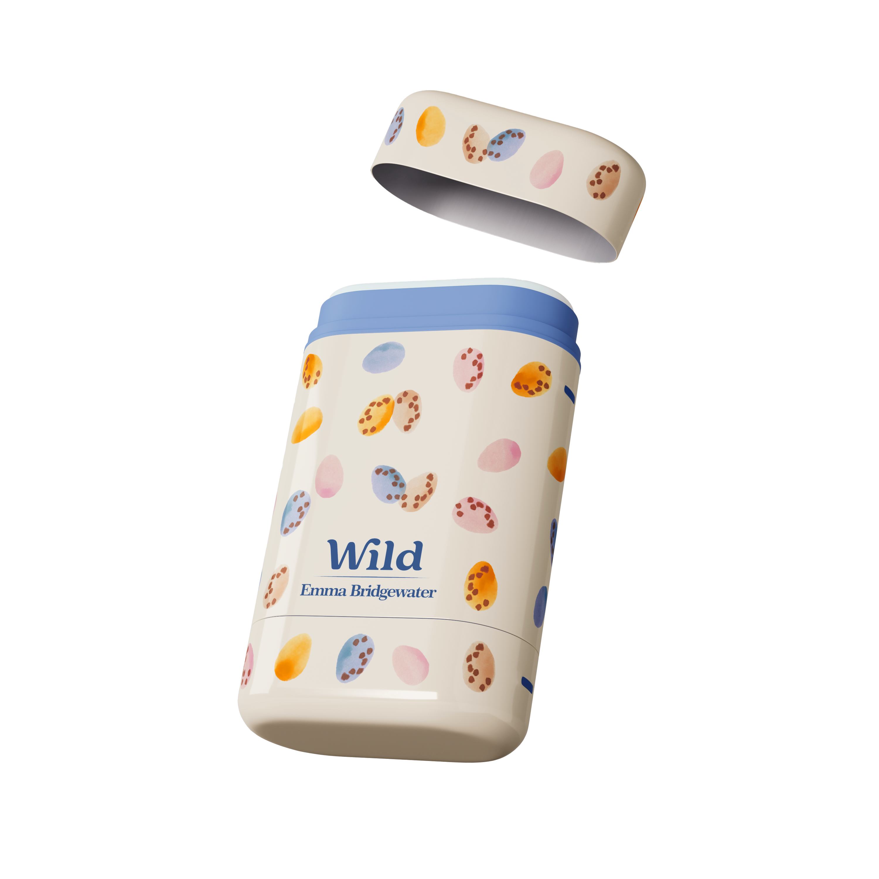 Caption: a white and blue container with a blue lid