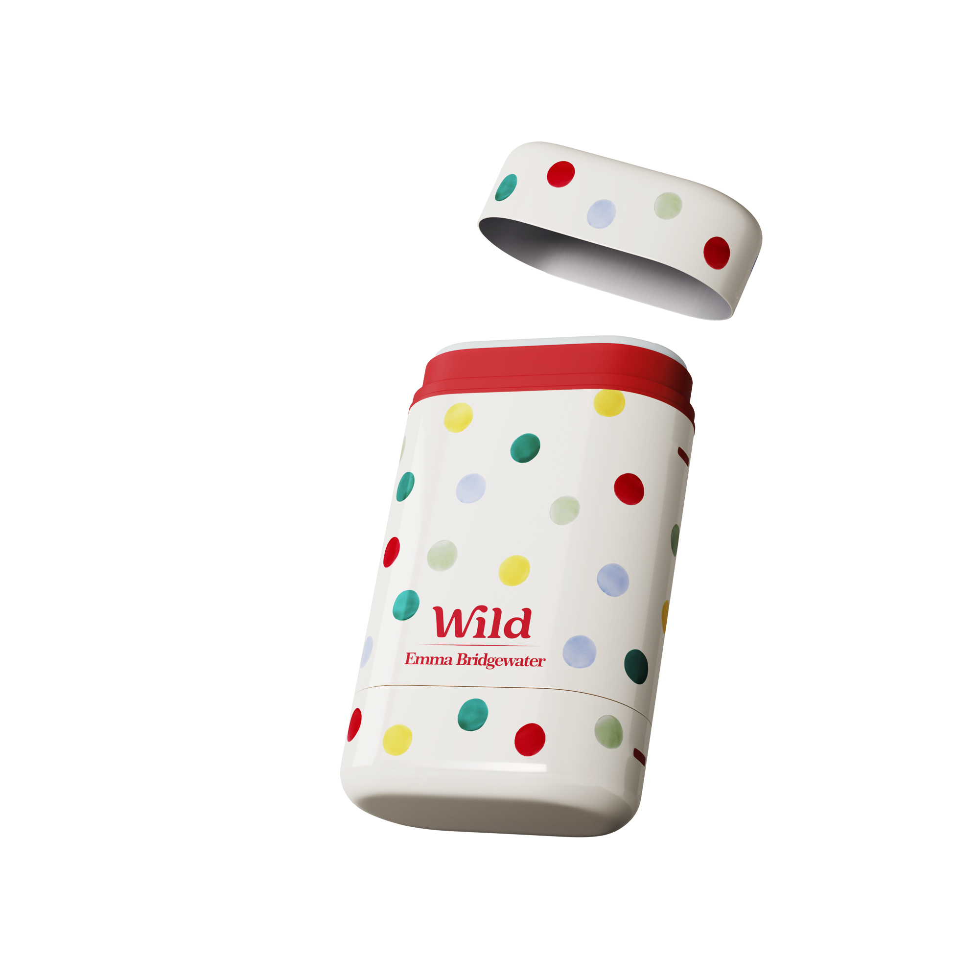 Caption: a white and red container with a polka dot design