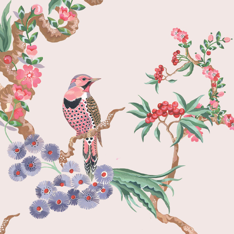 Légende : peinture d'un oiseau assis sur une branche avec des fleurs