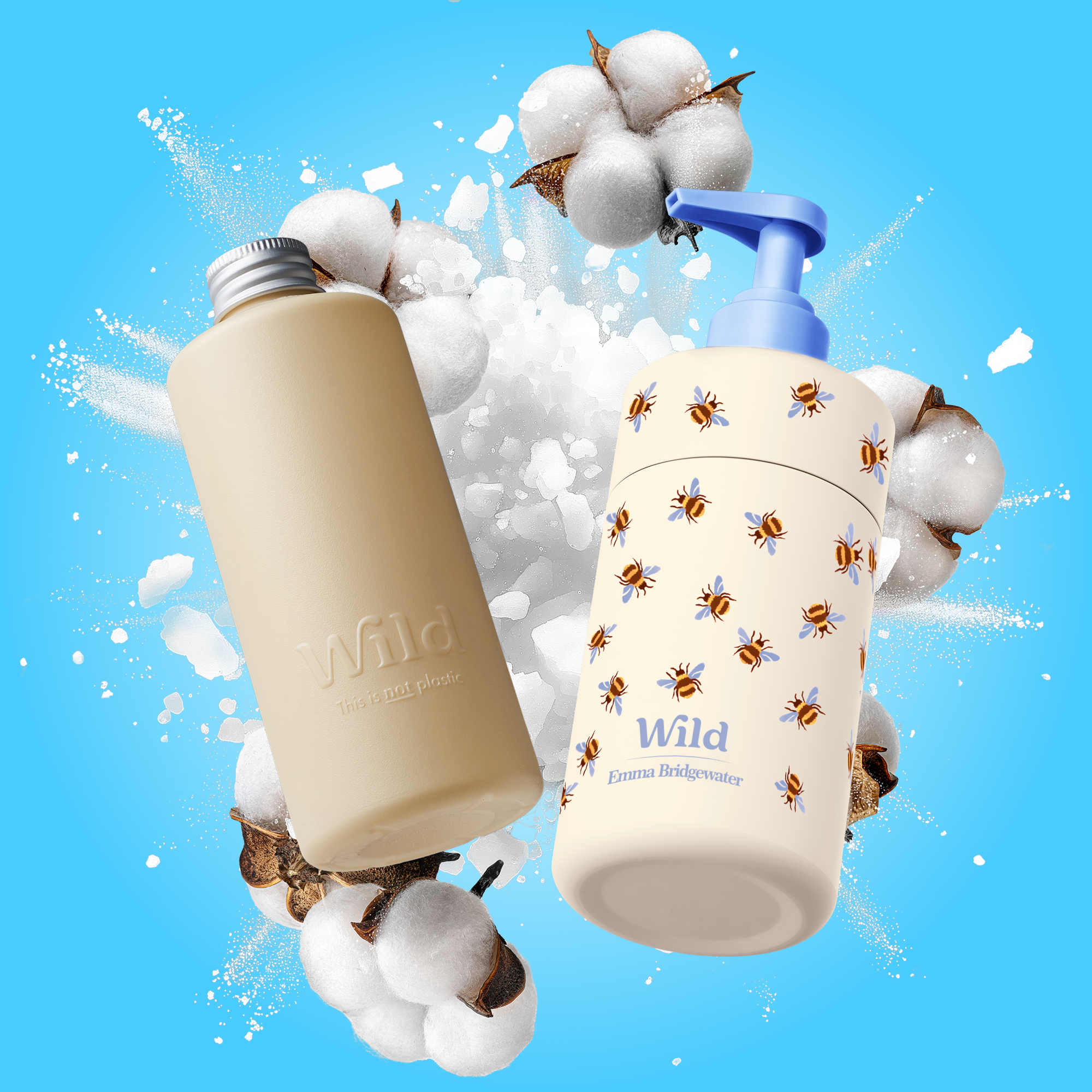 Caption: a bottle of soap next to a bottle of milk