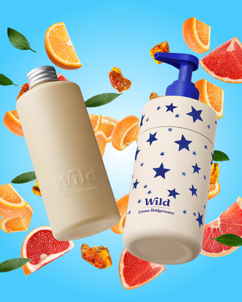 Caption: a white bottle with a blue lid next to a white bottle with a blue lid