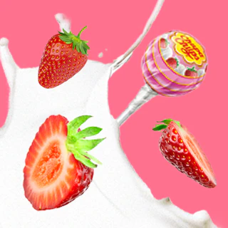 Caption: strawberries are falling into a milk splash
