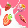 Caption: strawberries are falling into a milk splash